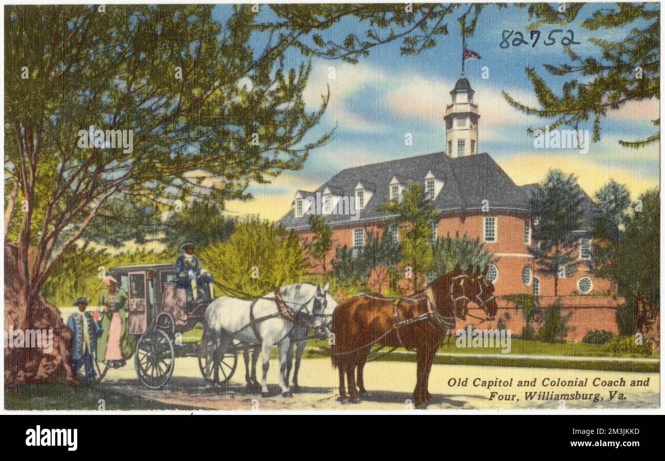 Ancien Capitole et l'entraîneur colonial et quatre, Williamsburg, Virginie , Capitols, Tichnor Brothers Collection, cartes postales des États-Unis Banque D'Images