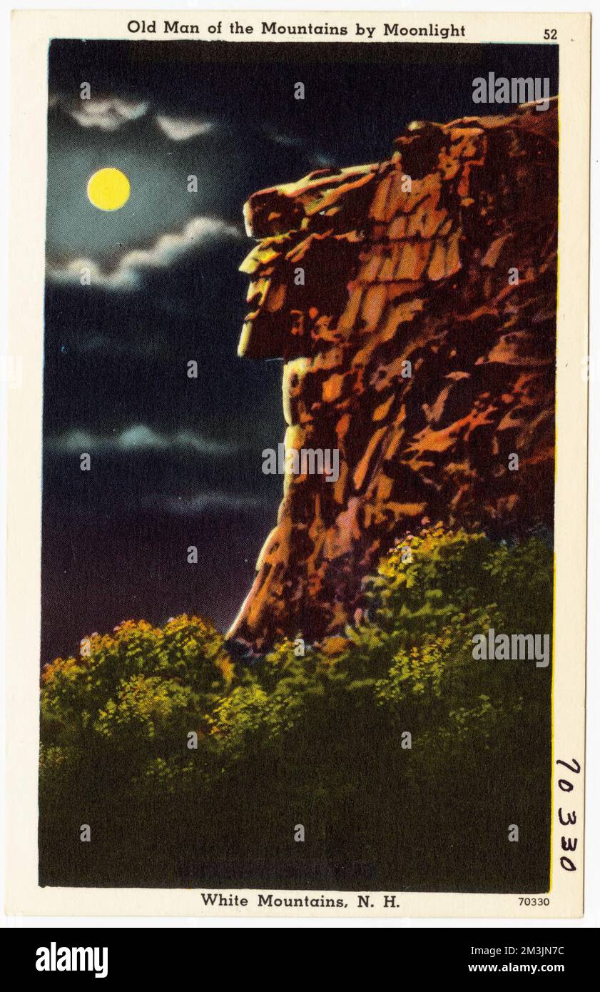 Old Man of the Mountains by Moonlight, White Mountains, N.H. , Montagnes, Tichnor Brothers Collection, cartes postales des États-Unis Banque D'Images