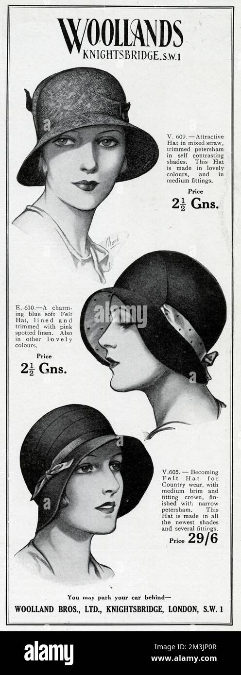 Annonce pour Woollands cloche chapeaux 1930 Banque D'Images