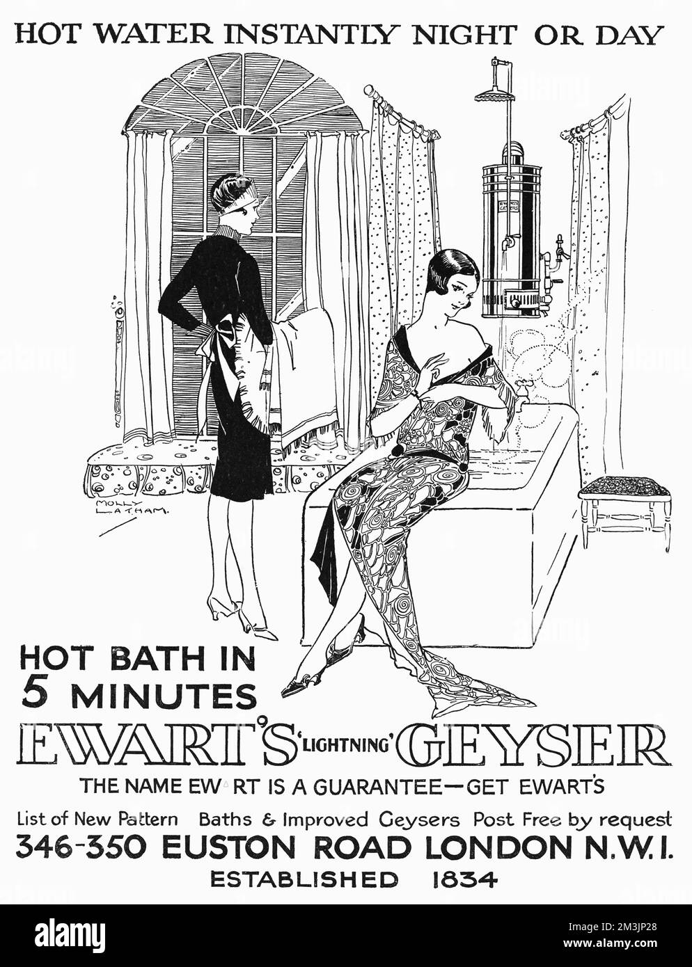 Publicité pour l'eau chaude Geyser d'Ewart 1927 Banque D'Images