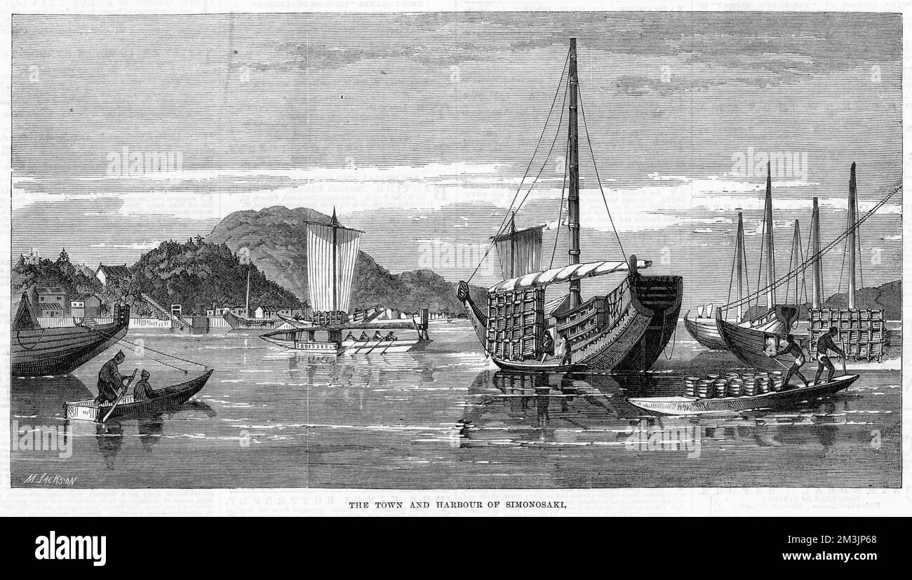 Scène dans le port, avec divers types de navires et de bateaux. Date: 1864 Banque D'Images