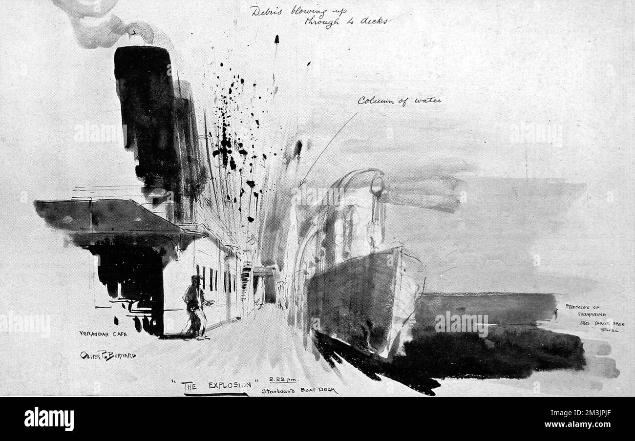 Croquis du Lusitania touché par une torpille. Banque D'Images