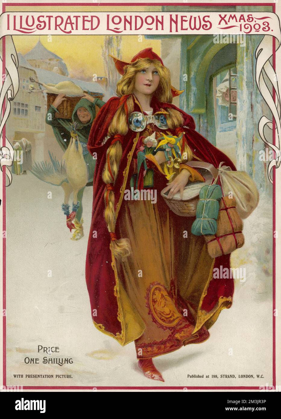 Jeune femme en robe saxonne ou médiévale portant un panier de cadeaux à travers une rue enneigée. Un vendeur de turquie peut être vu derrière elle. Date: Numéro de Noël 1903 Banque D'Images