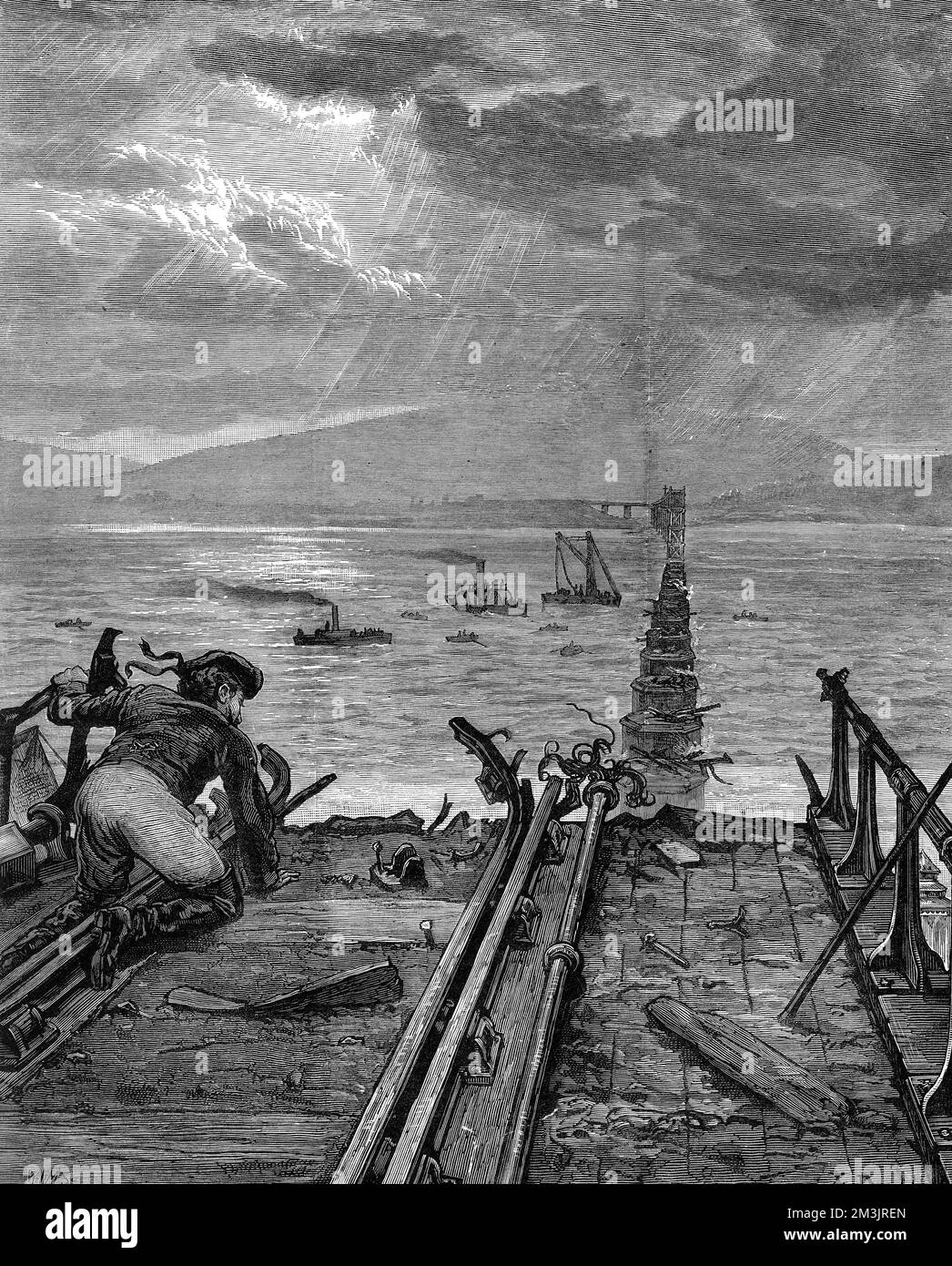 Catastrophe du pont de Tay, vue sur le pont brisé et la rivière Banque D'Images