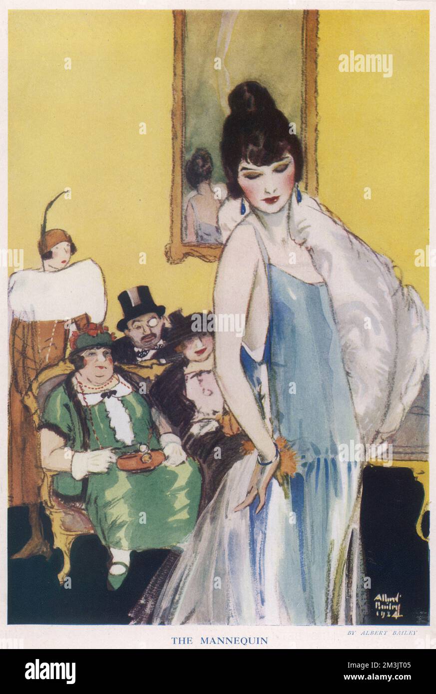 Un modèle de femme modélisant une robe dans un salon de mode. 1924 Banque D'Images