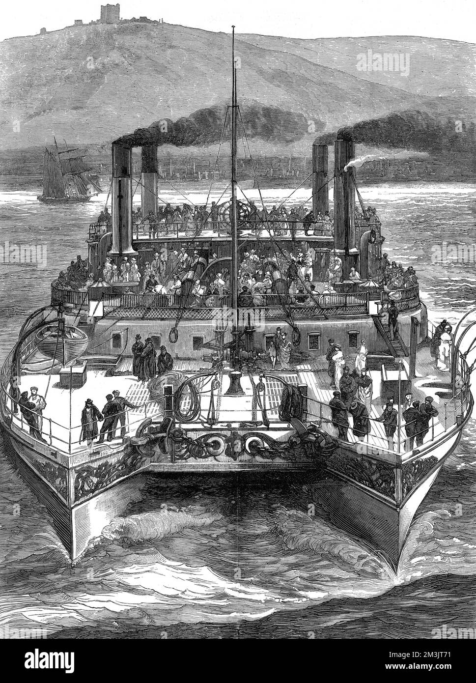 Bateau à vapeur à deux roues, « Castalia », qui quitte Douvres pour Calais, en août 1875. Construite en 1874 pour la Channel Steamship Company anglaise, sa conception radicale était destinée à améliorer la stabilité et le maintien de la mer. Cependant, la conception n'a pas été un succès et elle a été vendue, en 1883, à la Metropolitan asiles Board pour servir d'hôpital flottant sur la Tamise. 1875 Banque D'Images