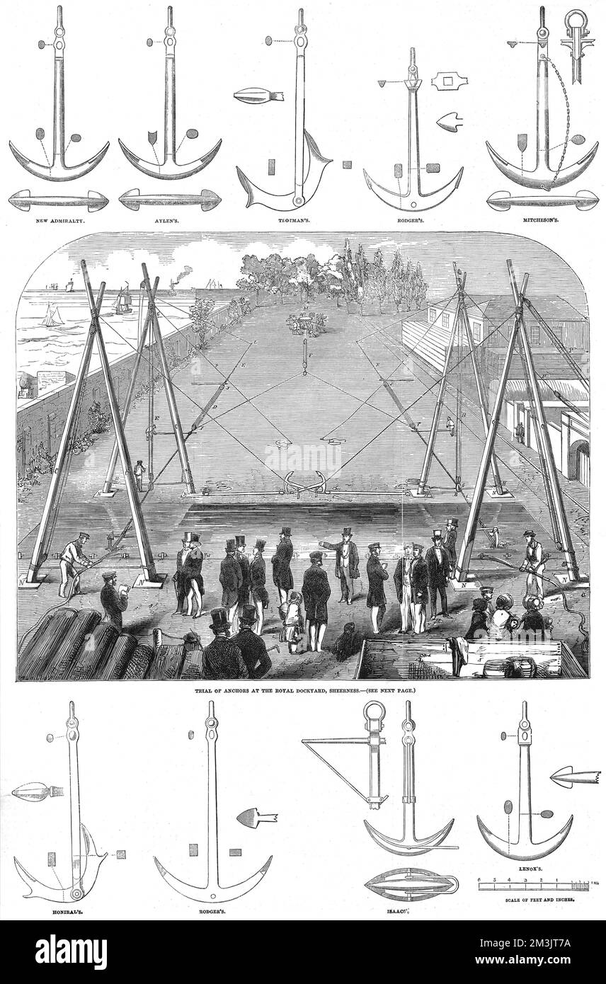 Essai de divers dessins d'ancrage, tenu à la Royal Dockyard Sheerness. Ce procès a eu lieu en présence de armateurs mercantiles et d'un comité d'amirauté, afin de tester la « capacité » d'un certain nombre d'ancres. Il s'agit notamment de la Nouvelle Amirauté, d'Aylen, de Rodger, de Mitcheson, d'Honibal, L'ancre de porter améliorée d'Isaac, Lenox et Trotman. L'ancre de Trotman a été déclarée gagnante. 1852 Banque D'Images