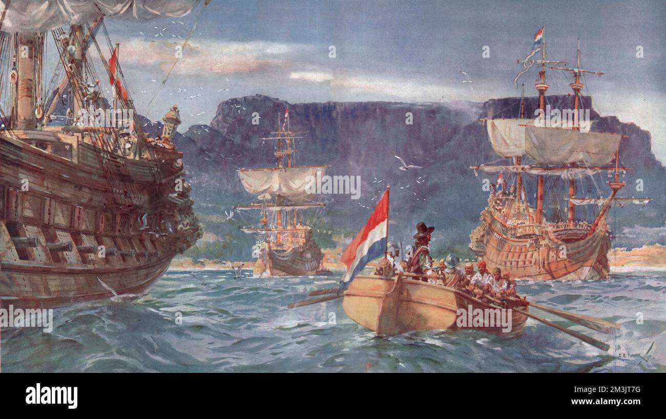 Johann van Riebeek débarque au cap de bonne espérance en 1652. Van Riebeek est arrivé au Cap avec trois navires de la Dutch East India Company et ordonne d'établir une station de reconversion temporaire. Il a été si réussi que la présence temporaire s'est transformée en ville du Cap. 1927 Banque D'Images