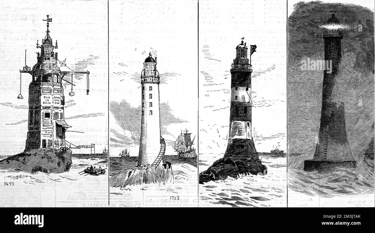 Les quatre phares Eddystone. De gauche à droite: Le premier phare (1699) construit par Henry Winstanley; le deuxième phare (1708) construit par John Rudyerd; le troisième phare (1759) construit par John Smeaton; le quatrième phare, par Sir James Douglass en 1882. 1879 Banque D'Images