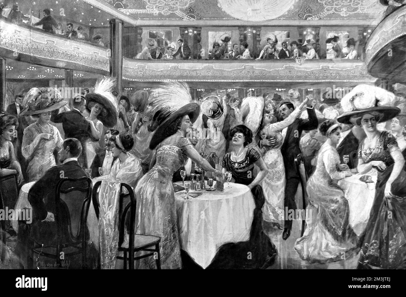 Scène au Moulin Rouge, Paris. Fondé par Charles Zidler en 1889, le club était un endroit populaire pour manger, danser et regarder des spectacles de cabaret. Le lieu a été immortalisé par Toulouse Lautrec dans ses célèbres affiches et peintures. Date: 1910 Banque D'Images