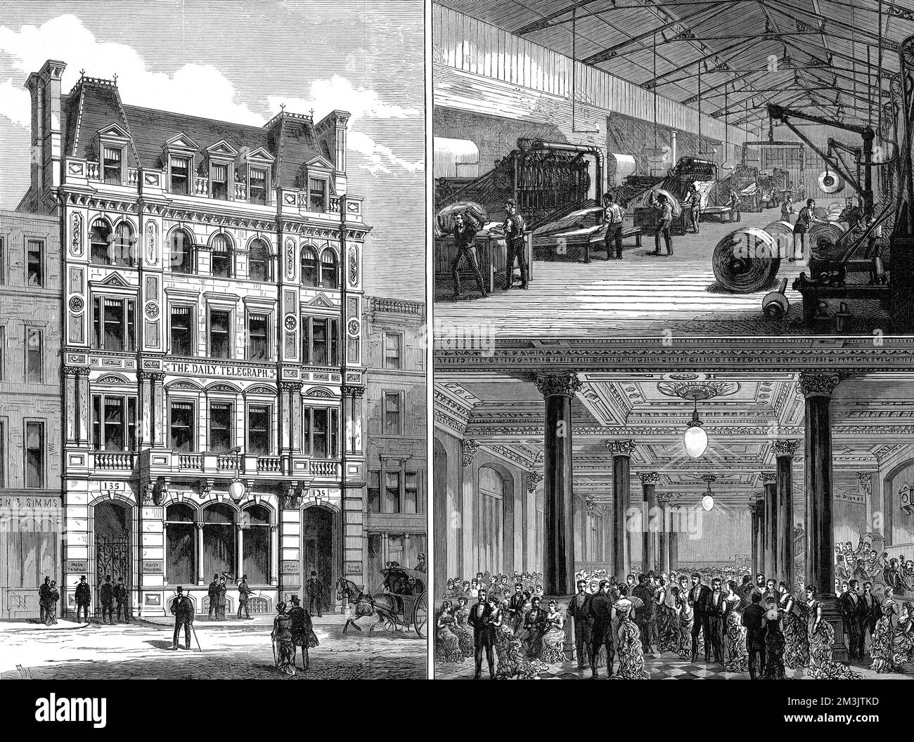 Les nouveaux bureaux du Daily Telegraph à Fleet Street avec des illustrations des presses à imprimer et de la soirée d'ouverture dans le grand Hall. Date: 1882 Banque D'Images