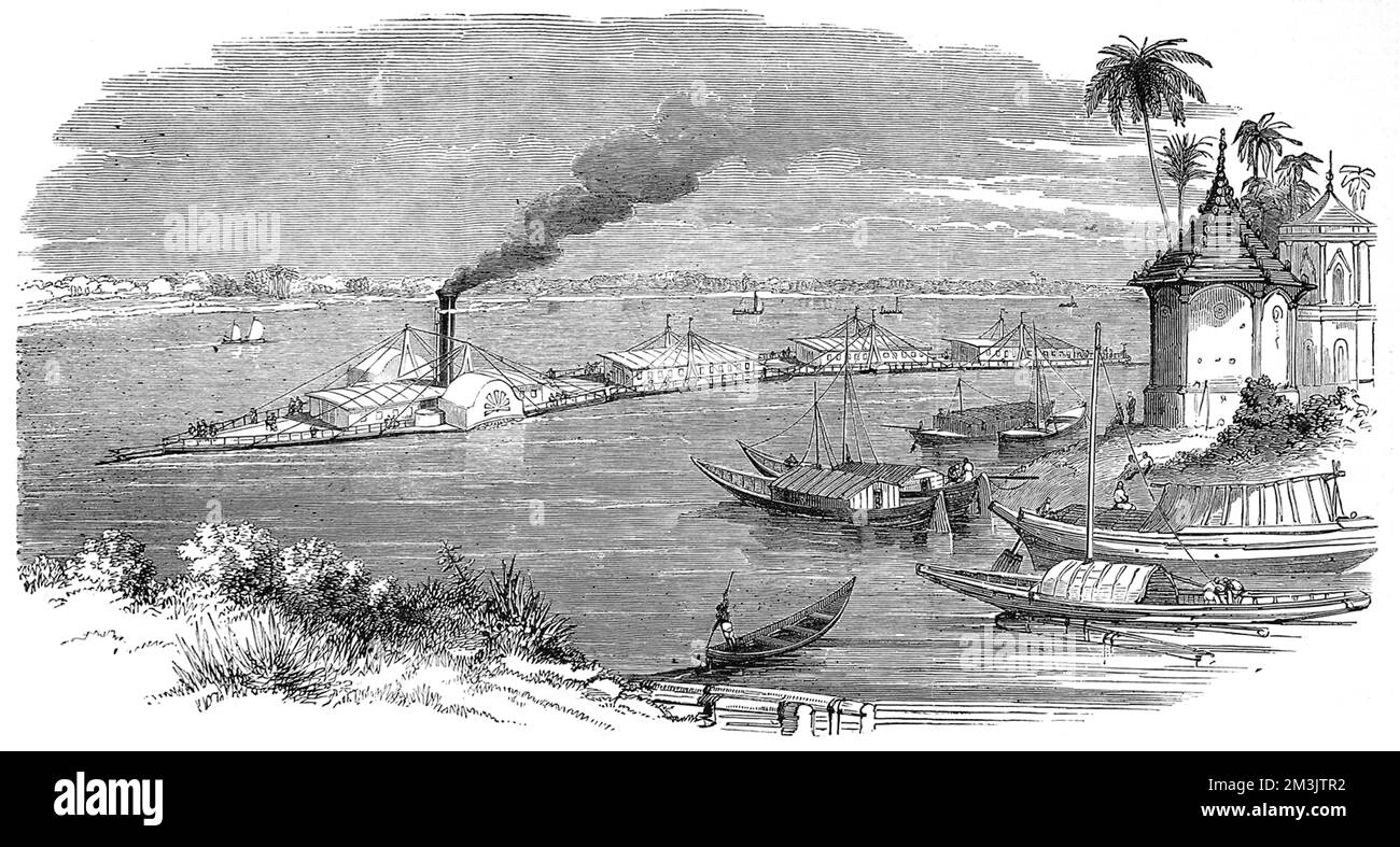 Gravure de la proposition de John Bourne pour un train à vapeur sur les rivières de l'Inde, 1849. À l'époque, l'Inde avait un réseau de transport médiocre et M. Bourne estimait que des barges à faible tirage tirés par un bateau à aubes pouvaient naviguer dans le réseau fluvial peu profond et sinueux de l'Inde. Les plans de Bourne ont été rejetés par la compagnie East India. Date: 1849 Banque D'Images