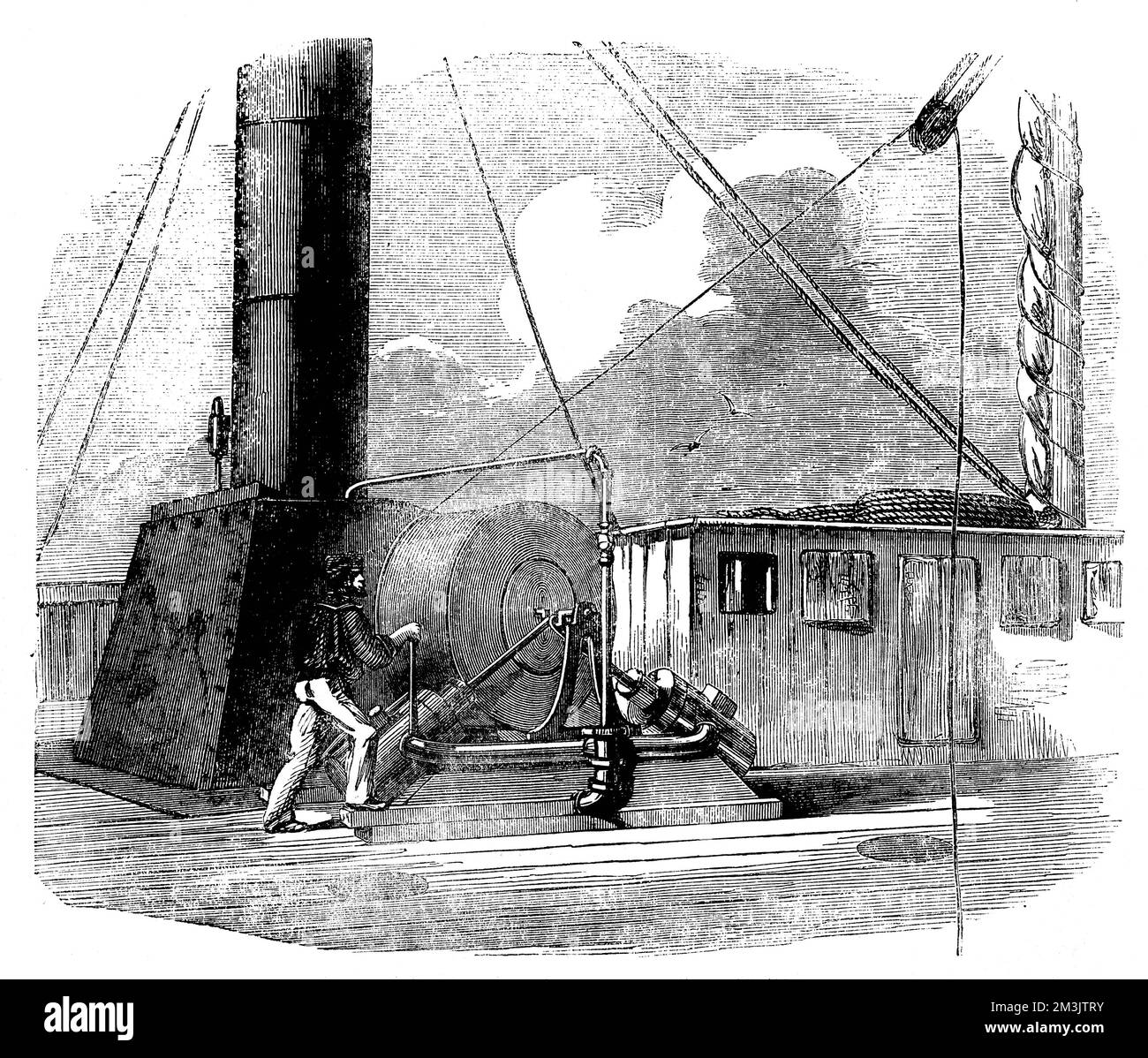 La bobine de câble et la machine à vapeur sur le navire à vapeur de la marine des États-Unis 'Arctic', tout en sonnant l'Atlantique. La machine à vapeur a été utilisée pour récupérer la ligne des grandes profondeurs de l'océan. Ce projet a été entrepris en vue de la pose du premier câble télégraphique de l'Atlantique. 1856 Banque D'Images