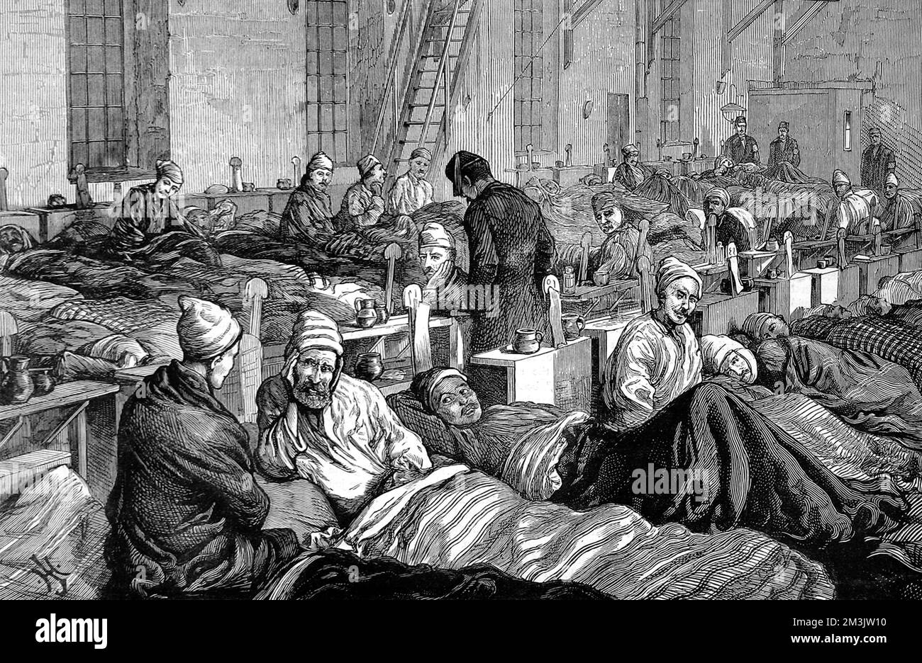 Intérieur de l'hôpital de la Stafford House Society à Rustchuk. Le secours des soldats turcs malades et blessés a été créé le 12th décembre 1876 par le duc de Sutherland. L'objectif était d'alléger les souffrances qui existaient parmi les soldats turcs, qui n'avaient pas assez de nourriture et d'équipement. Banque D'Images