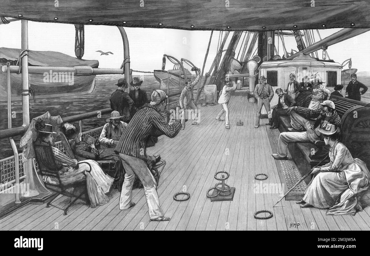 Un jeu de palets à bord d'un P.&amp;O. navire à vapeur, en mer, 1890. L'un des concurrents vient d'atteindre la cible : « une sonnerie ». 1890 Banque D'Images