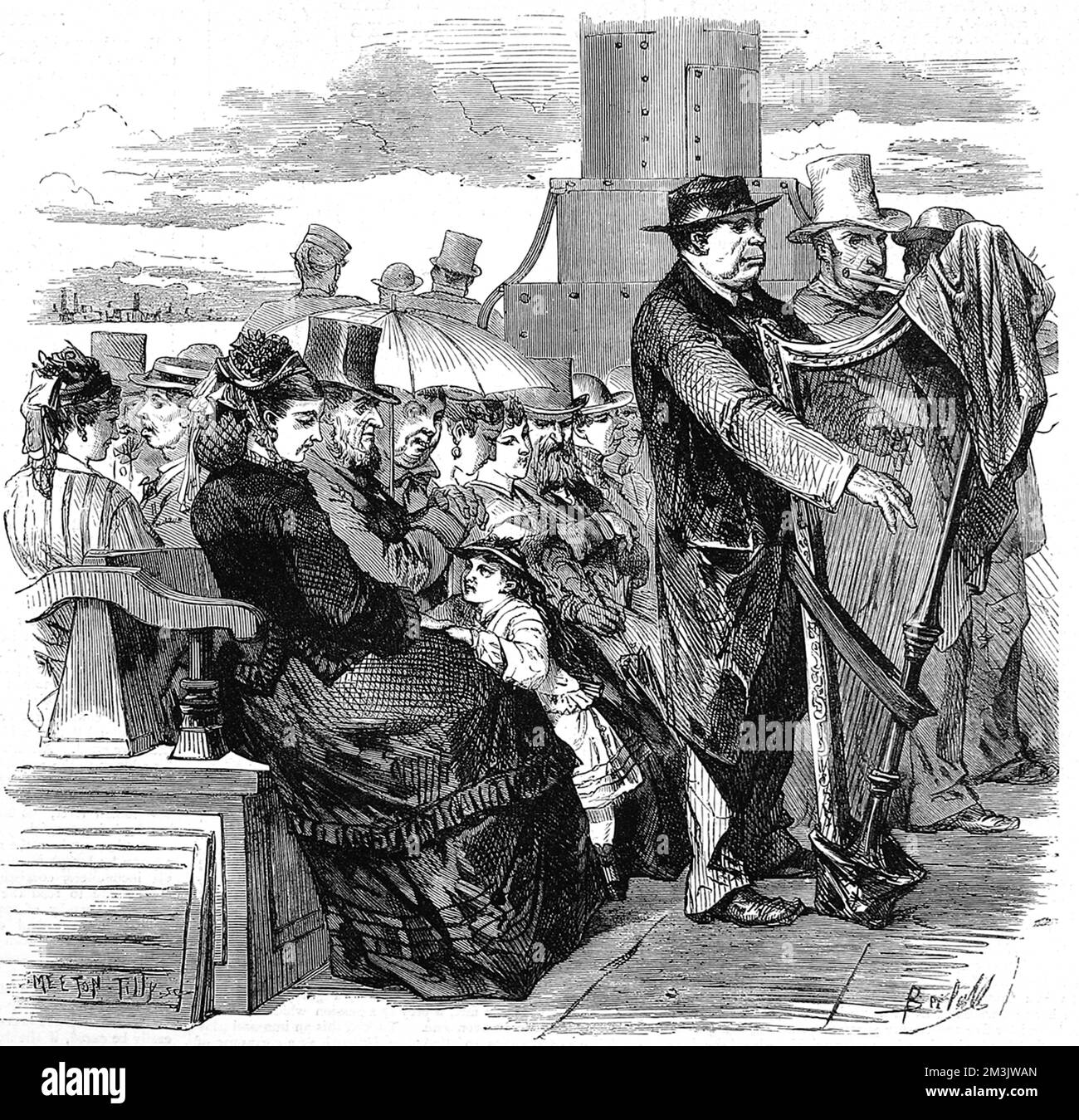 Le pont passager d'un défroisseur de la Tamise, avec plusieurs passagers assis sur des bancs et deux musiciens, jouant la flûte et la harpe. Date: 1874 Banque D'Images