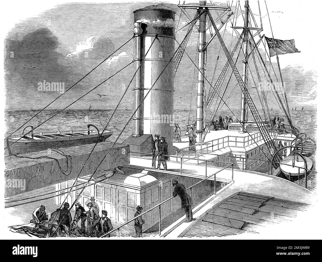 L'après-pont de Cunard Line Royal Mail Paddle-steamer 'Asie' en mer. 'Asia' était le plus grand navire à vapeur encore construit sur la rivière Clyde, avec une longueur totale de 280 pieds et un tonnage brut de 2226 tonnes. Dans cette image, on peut clairement voir les bateaux du navire sur leurs avits et l'entonnoir pour le moteur. 1850 Banque D'Images