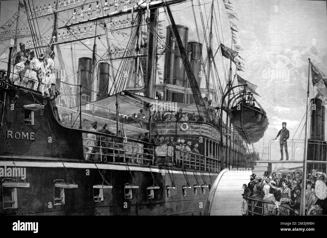 Le P.&O. navire à vapeur 'Rome' situé dans les quais Royal Albert, avec son équipage lascar sur les chantiers, 1886. Les équipages des SS 'Chusan' et 'Paramatta' étaient également en poste dans leurs chantiers (en arrière-plan), en l'honneur de l'arrivée de la 'Rome' avec un grand nombre de visiteurs coloniaux et indiens à bord. À droite, on peut voir le pont et l'entonnoir d'un petit bateau à aubes, venir à la rencontre de la 'Rome' et de ses passagers. Banque D'Images