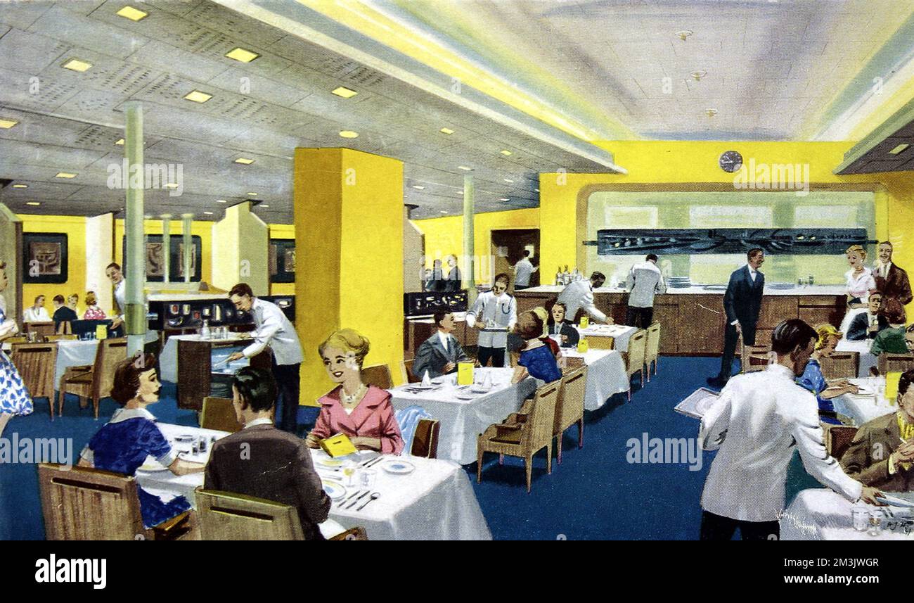 Illustration en couleur représentant le restaurant de classe touriste à bord du superliner « Canberra » de P&amp;O à l'époque de son premier voyage à Sydney, en Australie, en juin 1961. Conçu par l'architecte londonien John Wright, le restaurant a pu accueillir jusqu'à 750 personnes à la fois. Sculptures d'écran à l'entrée et dans chaque baie sont par Geoffrey Clarke. Le « Canberra », qui a été mis hors service en 1997, était le plus grand navire à être construit par le chantier Harland et Wolff depuis le « Britannic » de White Star en 1914. Date: 1914 Banque D'Images