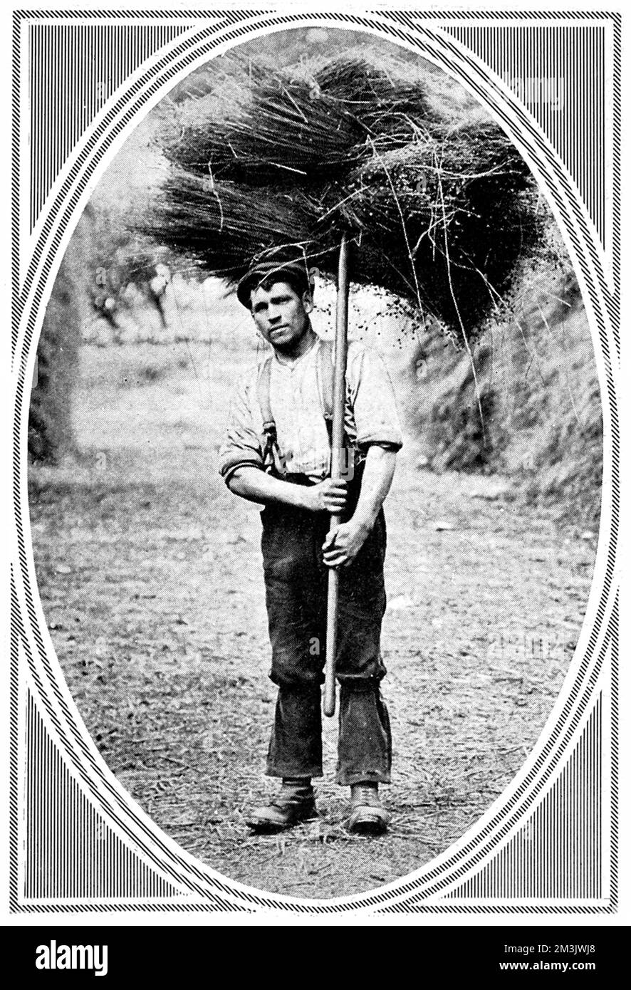 Photographie d'un montage présenté dans la sphère en 1913 montrant divers portraits caractéristiques des travailleurs agricoles. Jeune homme portant un boisseau de foin sur sa fourche, portant une casquette plate, des manches à mirrtSleeves et un pantalon avec des bretelles (ou des « expéditeurs »). Date: 1913 Banque D'Images