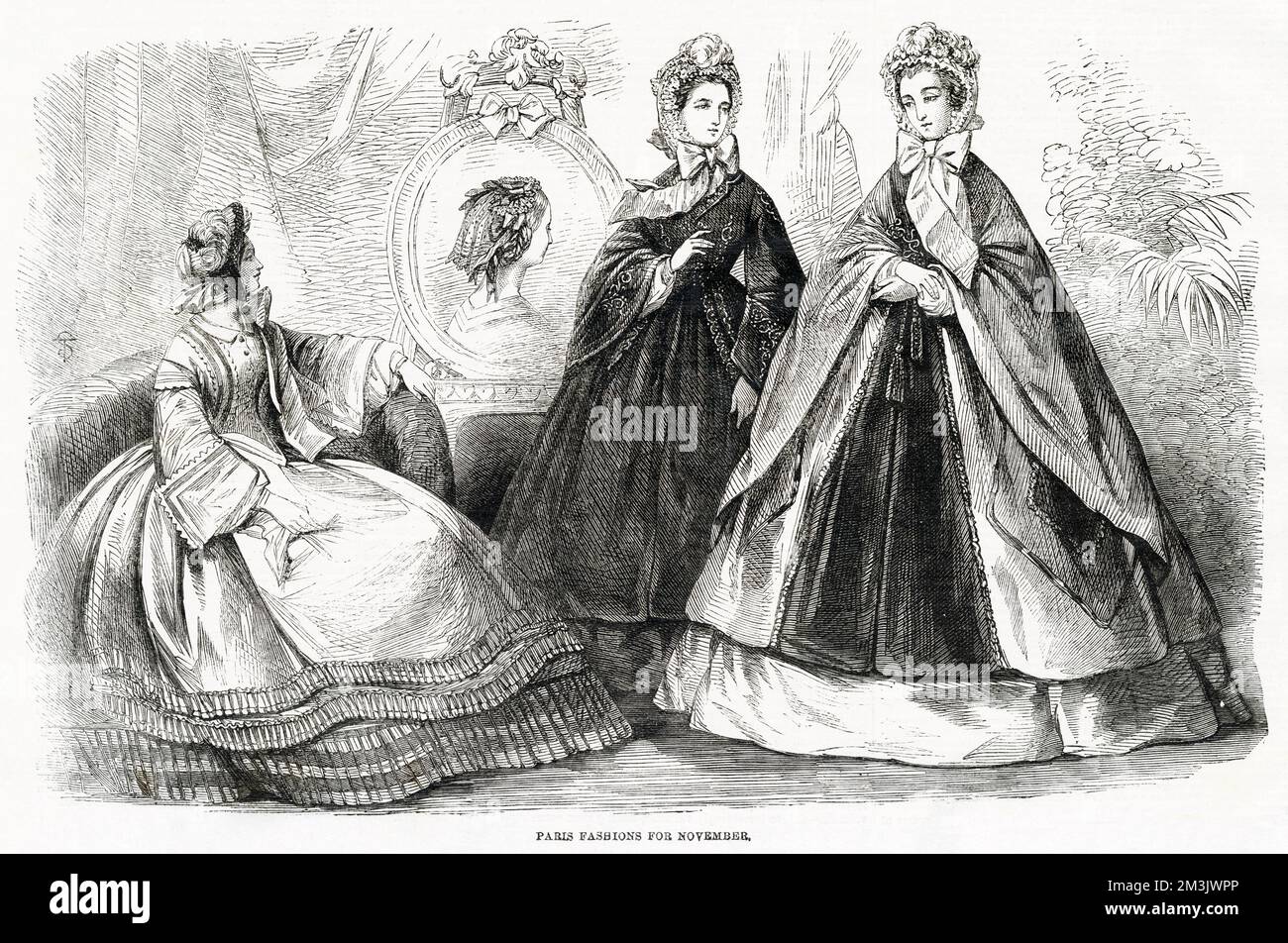 Une sélection de robes conçues pour l'hiver 1861. De gauche à droite, 'le manteau marchesa' fait de tissu et de velours, avec une bordure en soie. Le capot est en soie verte, avec de la dentelle riche surmontée de roses et de plumes. 'Le manteau hongrois', fait de velours de tissu et d'un cording en satin bordant les manches. Porté avec un bonnet en taffetas blanc piqué de plumes d'un côté recouvert de rubans de velours. La robe de soirée est une robe en soie grise avec une once de trois couleurs. Le capot est un vert garni d'une grande plume et d'un rouleau de dentelle noire. Banque D'Images