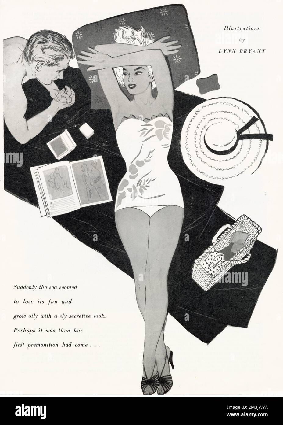 Illustration montrant une scène de plage glamour au milieu des années 1950. Banque D'Images