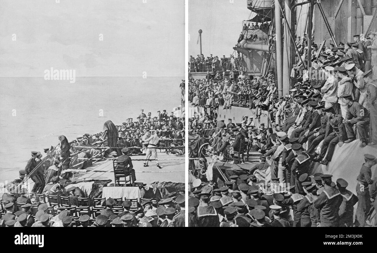 En mer avec la Grande flotte: La Marine en heures de RecreationLe Art de l'autodéfense, les marins et autres membres de l'équipage réclament une meilleure vue de la boxe sur le port d'un croiseur de combat. 1916 Banque D'Images
