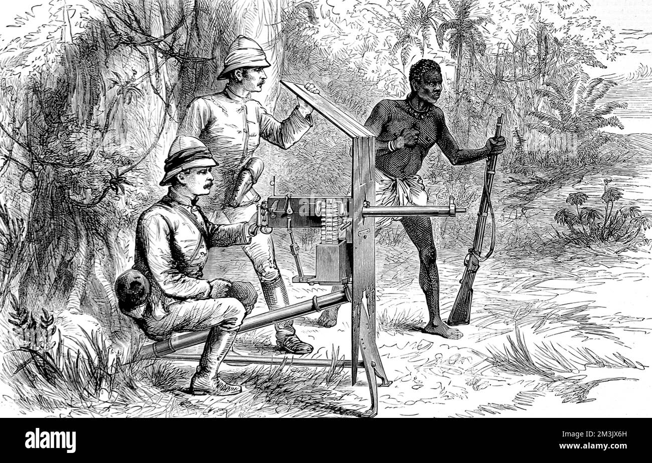 Sir Henry Morton Stanley avec une mitrailleuse automatique Maxim, Banque D'Images