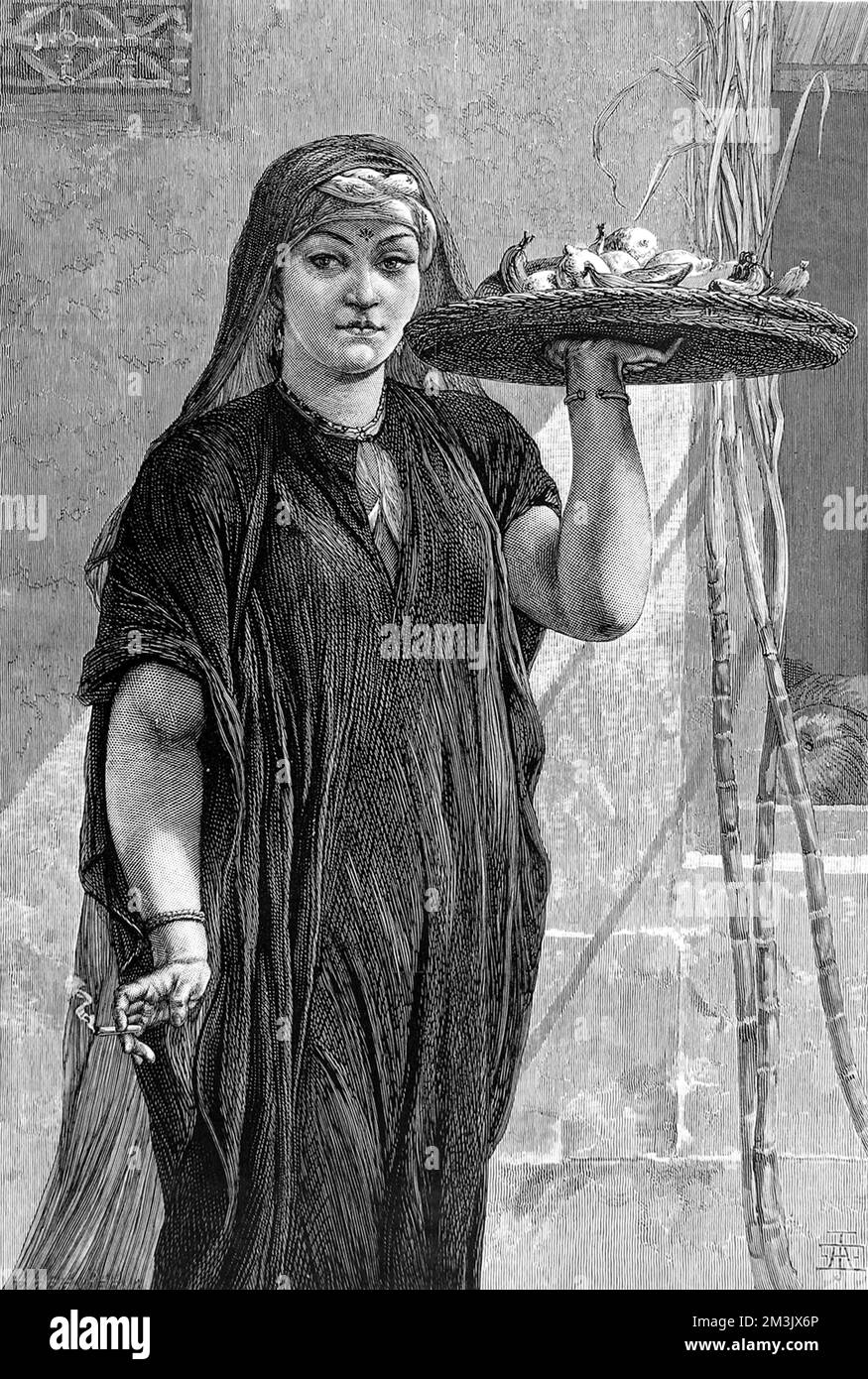 Gravure réalisée à partir d'une peinture de F. Goodall, intitulée "Une femme fruitière du Caire", exposée à la New British institution, 1875. Date: 1875 Banque D'Images