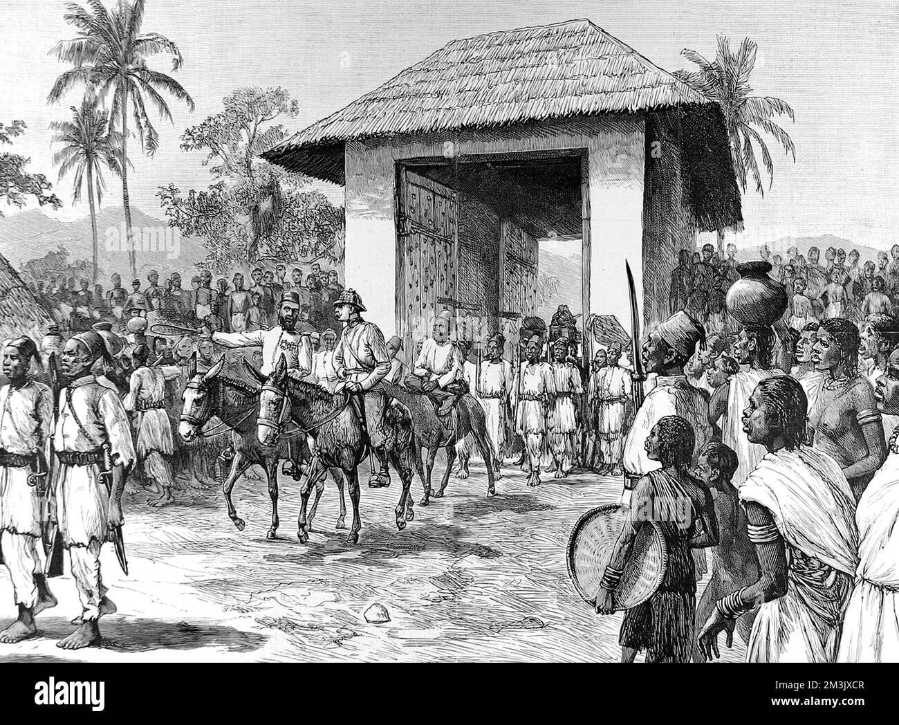 Emin Pasha et Mr. Jephson entrant dans Dufile, 1888. Banque D'Images