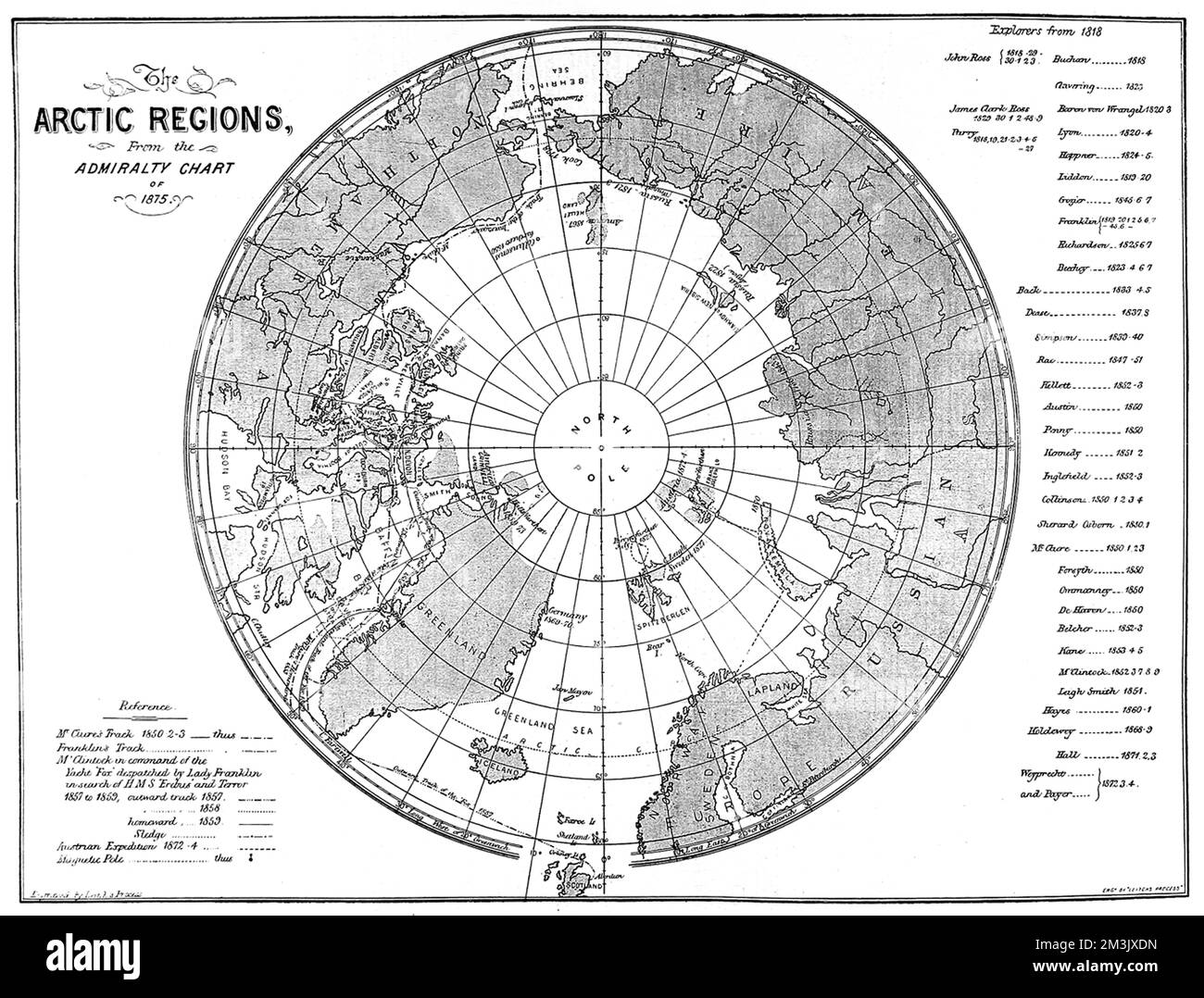 Une carte de la région arctique, produite par l'amirauté britannique. Bien que la plupart du temps complète, la zone vierge autour du pôle Nord montre la zone qui n'avait pas encore été visitée et cartographiée par les explorateurs. 1875 Banque D'Images