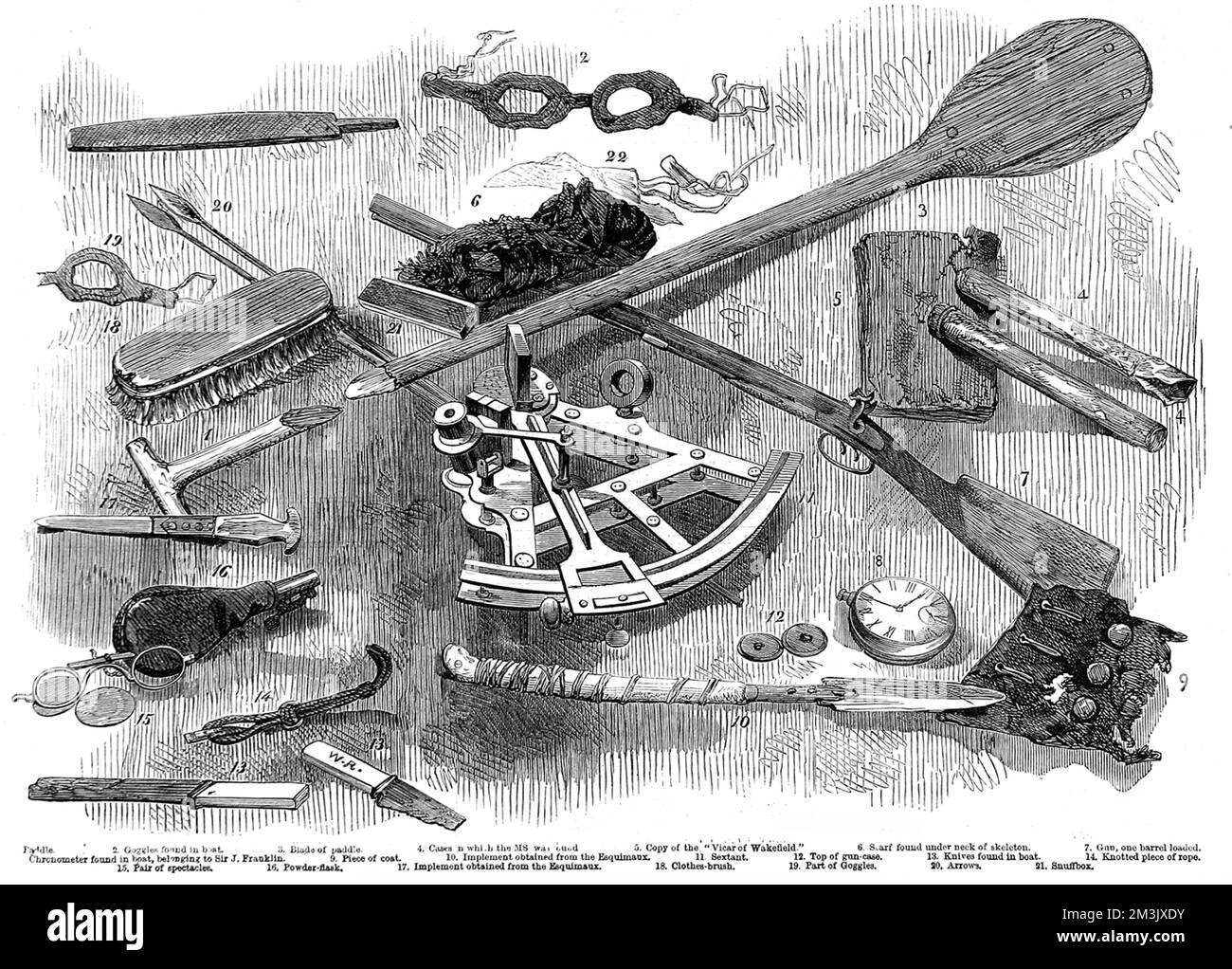 Reliques de l'expédition arctique malheureuse de sir John Franklin en 1845, qui ont été découvertes par Francis Leopold McClintock en 1859. Les articles comprennent le chronomètre de Sir John Franklin, un sextant, une arme à feu chargée, un couteau paraphé avec 'W.R.' et une copie du Vicaire de Wakefield. En 1845, l'amirauté britannique a envoyé deux navires d'exploration polaire, le HMS 'Erebus' et le HMS 'Terror', pour rechercher le passage du Nord-Ouest qui longe la côte nord du Canada. L'expédition, commandée par Sir John Franklin, a disparu à la fin de 1845 et aucun des hommes n'a jamais été vu de nouveau. En fait, les navires l'ont fait Banque D'Images