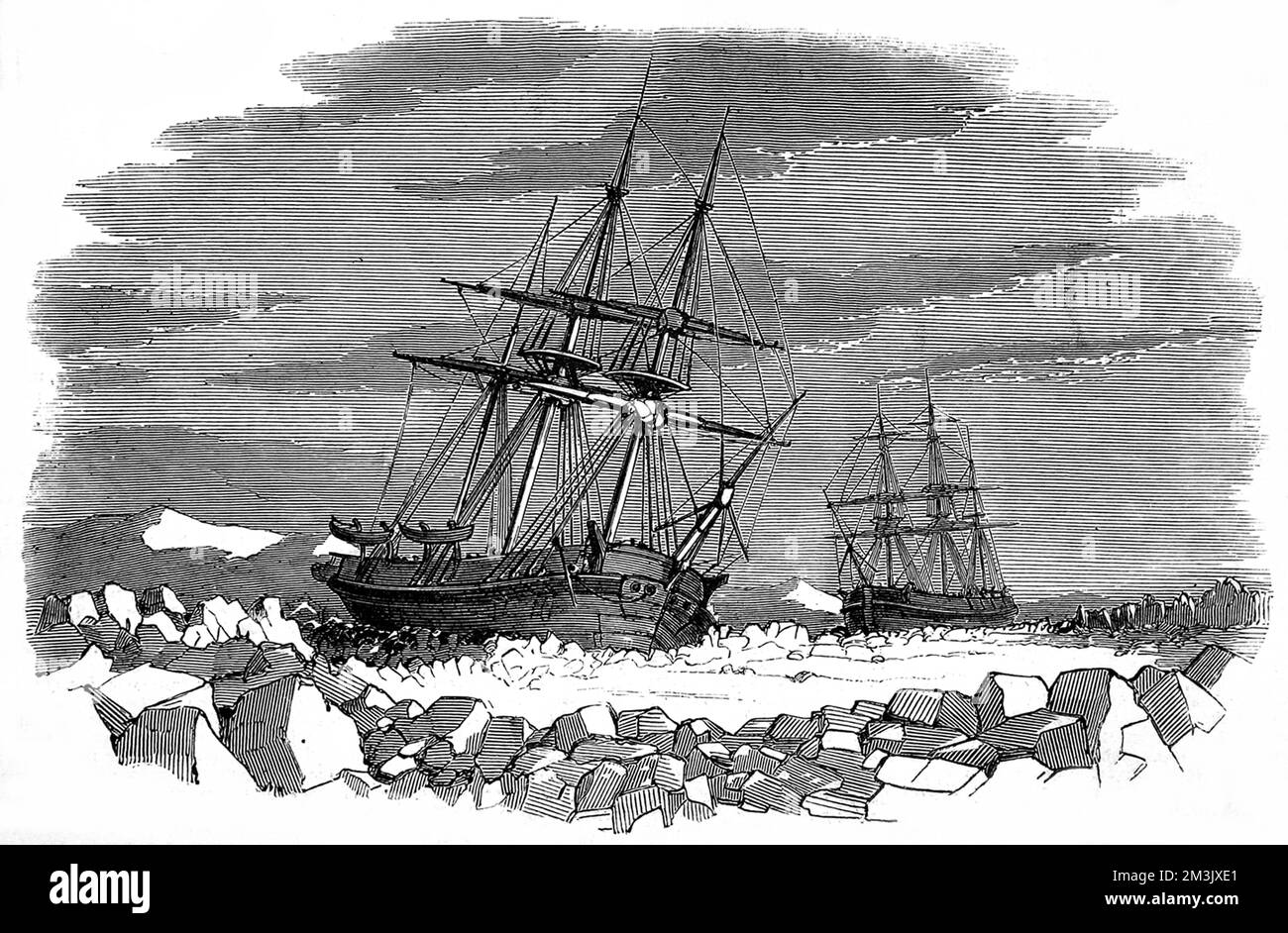 L'Enterprise et l'Investigateur sont entourés de la glace à blocs dans le détroit de Barrow, septembre 1849. Ces deux navires ont été utilisés par l'expédition de Sir James Clark Ross de 1848-1849 pour chercher dans l'Arctique des signes de l'expédition arctique malheureuse de Sir John Franklin en 1845. En 1845, l'amirauté britannique a envoyé deux navires d'exploration polaire, le HMS 'Erebus' et le HMS 'Terror', pour rechercher le passage du Nord-Ouest qui longe la côte nord du Canada. L'expédition, commandée par Sir John Franklin, a disparu à la fin de 1845 et aucun des hommes n'a jamais été vu de nouveau. En fait, les navires l'ont fait à Banque D'Images