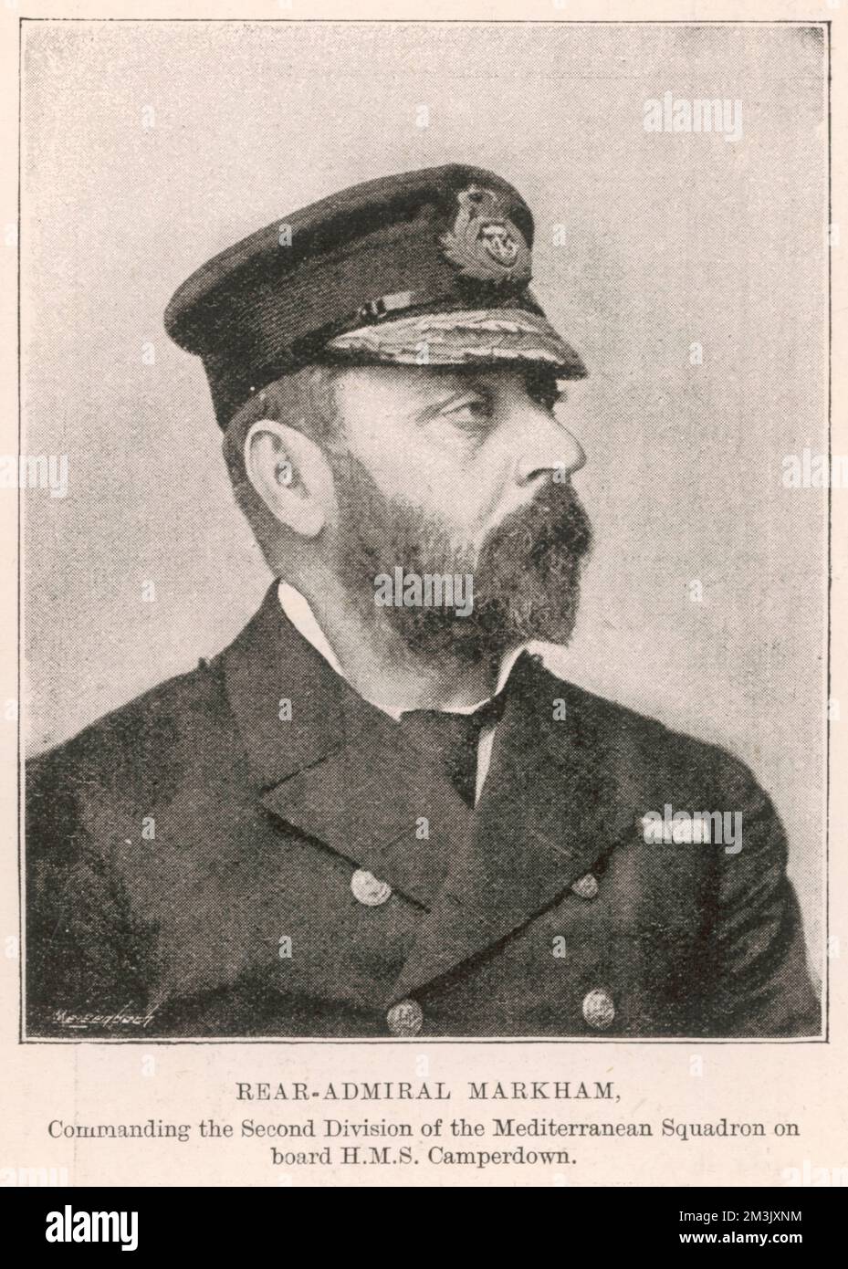 Photographie du contre-amiral Markham de la Marine royale, c.1893. Markham était à la tête de la deuxième division de l'escadron méditerranéen à bord du HMS 'Camperdown', lorsque le HMS 'Victoria' a été coulé le 22nd juin 1893. Date: 1893 Banque D'Images