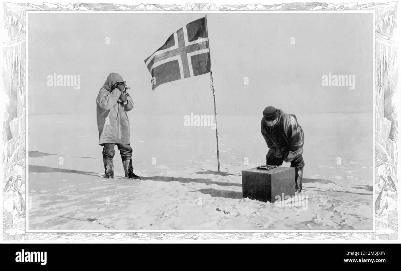 Membres de l'expédition antarctique Amundsen de 1910-12, au pôle Sud, vérifiant leur position à l'aide d'un horizon sextant et artificiel. Les cinq membres de l'équipe d'Amundsen sont devenus les premiers explorateurs à atteindre le pôle Sud Date : décembre 1911 Banque D'Images