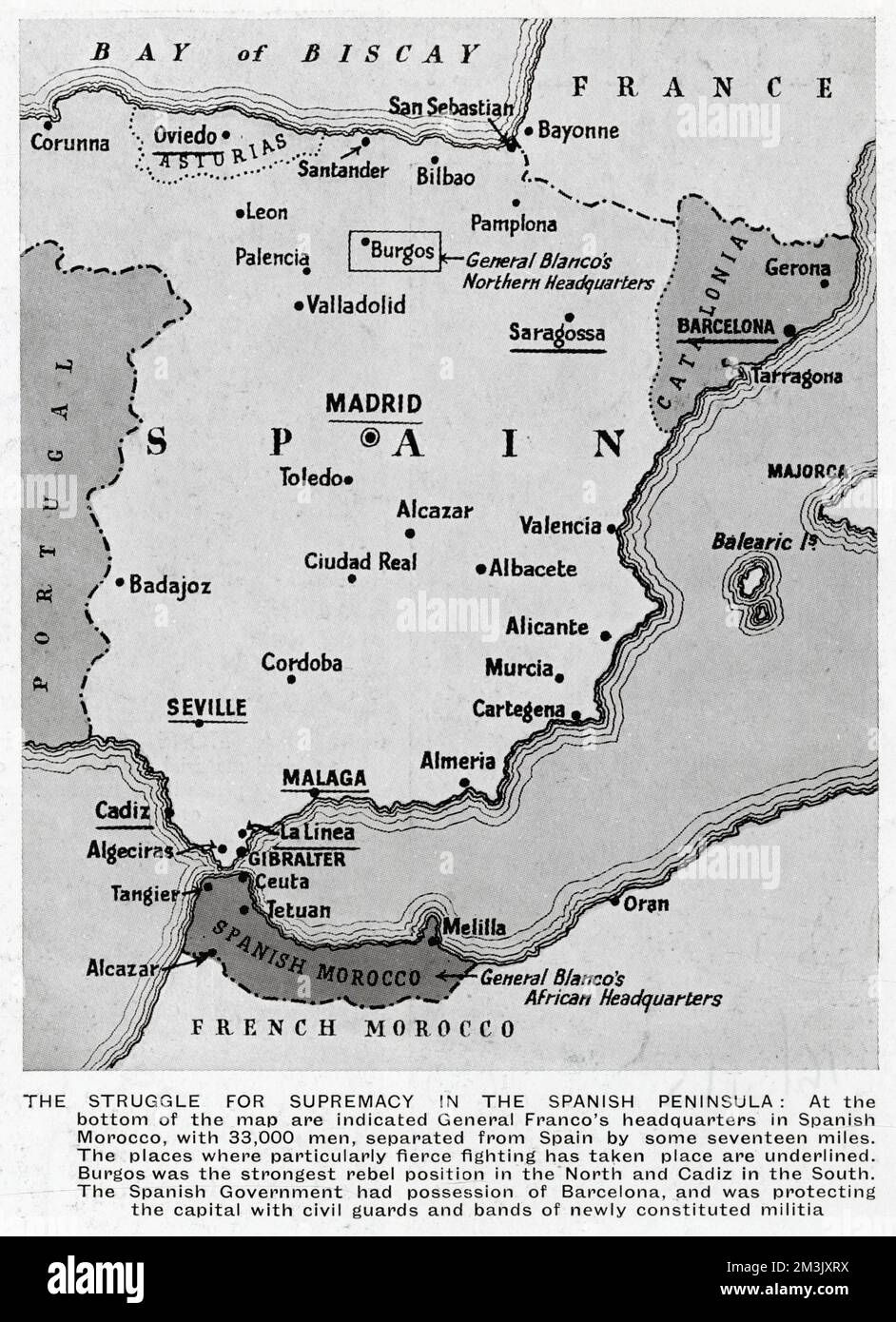 Carte de l'Espagne montrant la situation au début de la guerre civile espagnole, juillet 1936. Les combats les plus violents de juillet se sont déroulés aux endroits soulignés sur la carte: Madrid, Barcelone, Oviedo, Saragosse, Séville, Malaga, Cadix et la Linea. L'armée d'Afrique du général Franco était située dans le Maroc espagnol, tandis que le bastion de Franco dans le nord de l'Espagne était autour de la ville de Burgos. Banque D'Images