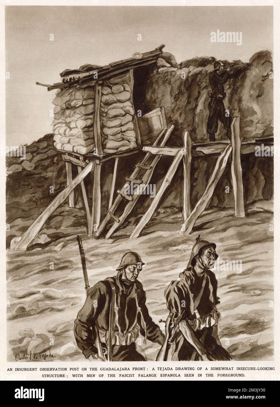 Troupes nationalistes et poste d'observation ; Guerre civile espagnole Banque D'Images