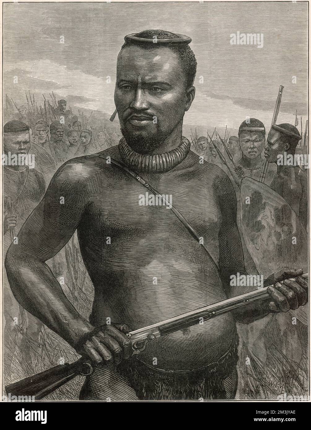 Portrait de Dabulamanzi, avec des guerriers Zulu derrière lui. Dabulamanzi était le chef de l'armée Zulu dans leur plus célèbre victoire contre les Britanniques à Isandhlawana Date: 1879 Banque D'Images