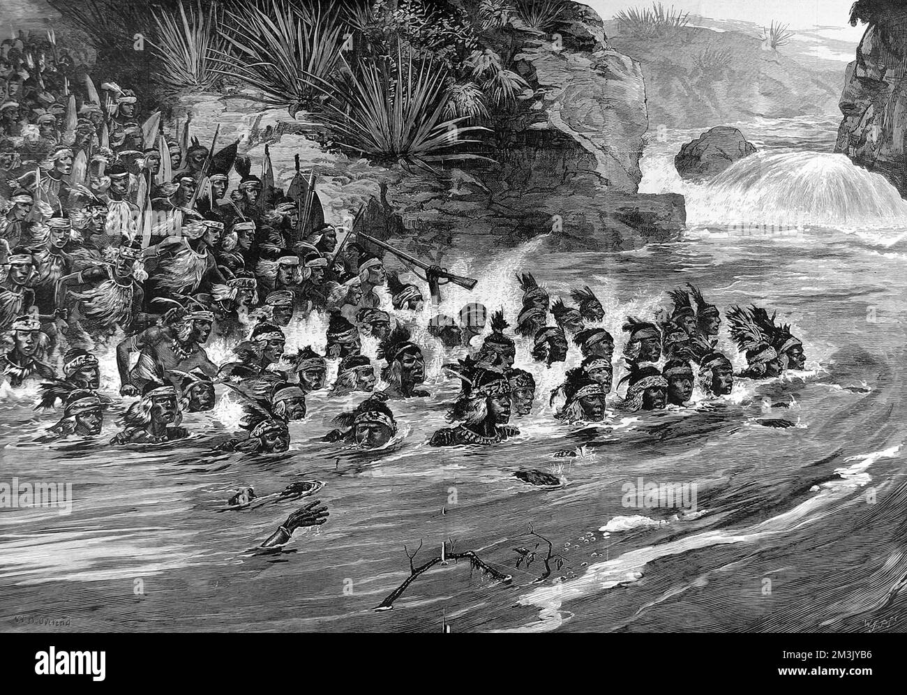 Un grand contingent de guerriers zoulou traversant une rivière gonflée sur un terrain rocheux de la jungle. 1879 Banque D'Images