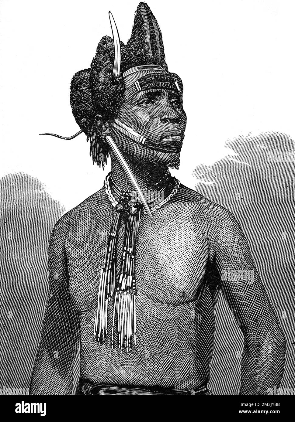 Guerriers Zulu, montrant des styles de cheveux décorés de perles et de défenses. 1879 Banque D'Images