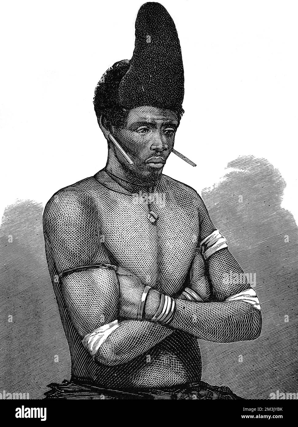 Guerrier Zulu avec cheveux de style corne, bracelets de bras et boucles d'oreilles. 1879 Banque D'Images