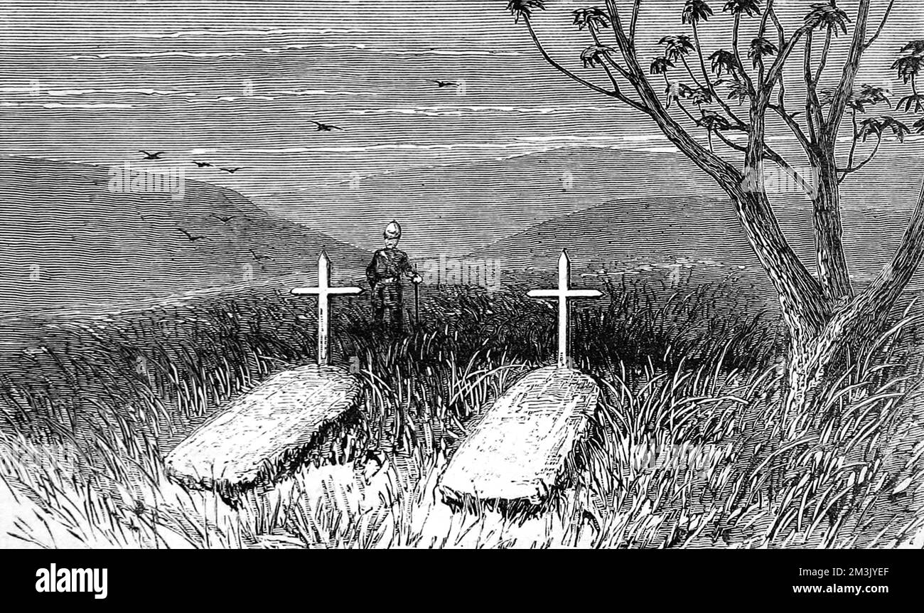 Deux tombes simples avec des croix de soldats tués en action pendant la guerre de Zulu. Date: 1879 Banque D'Images