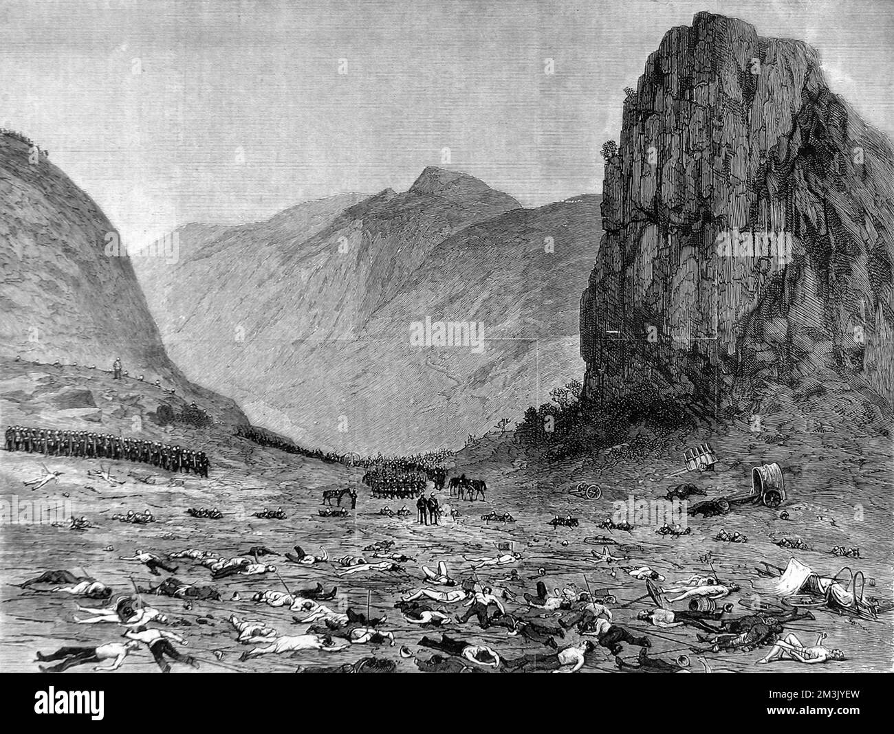 Lord Chelmsford arpentant les dégâts après la bataille d'Isandlwana. Le champ de bataille parsemé de cadavres est au premier plan, la colline d'Isandhlawana est au loin , tout comme le sont les Zulu impi (guerriers). Date: 1879 Banque D'Images