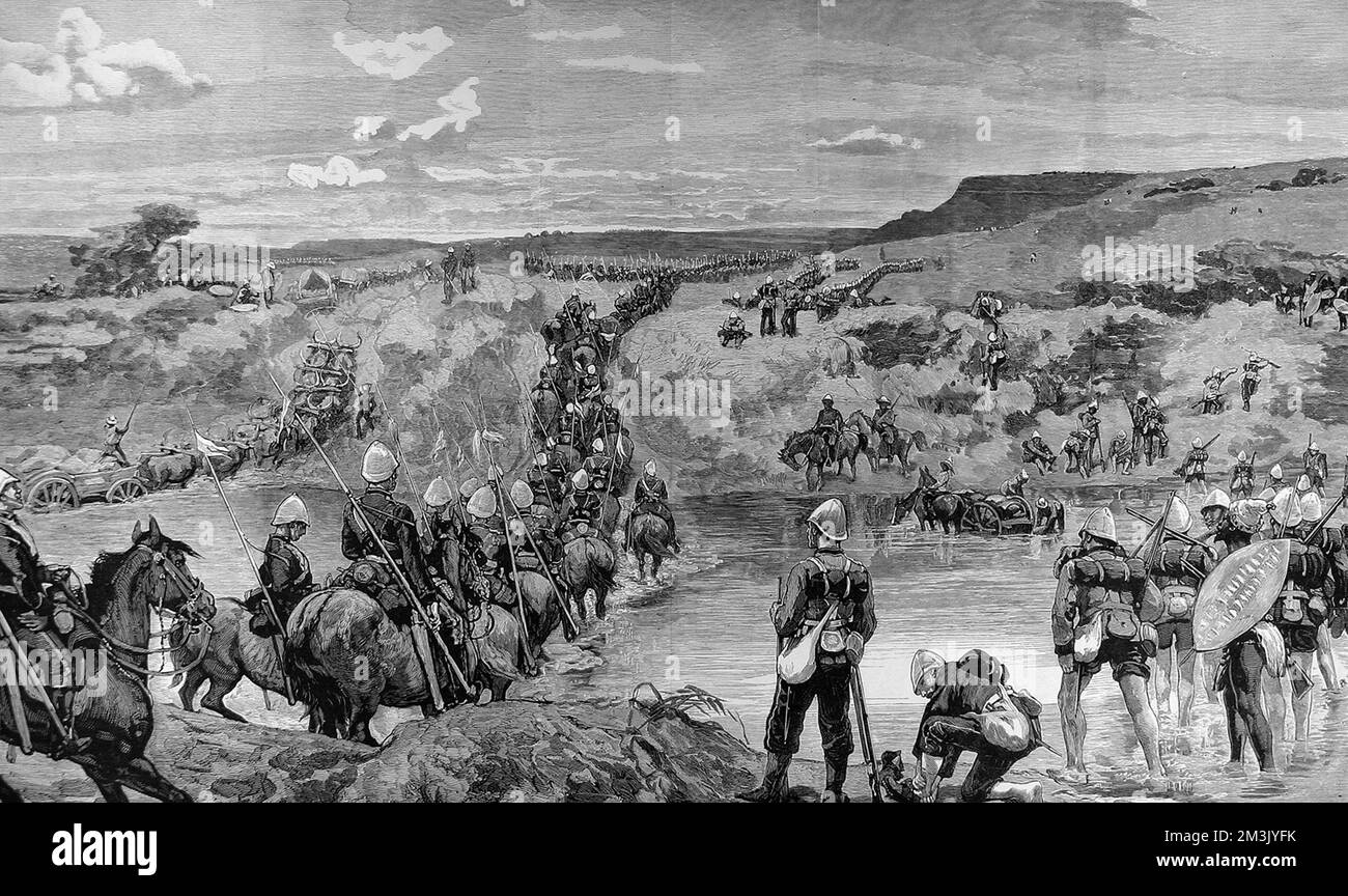 Les Lanciers la marche, traversant une rivière vers la capitale Zulu d