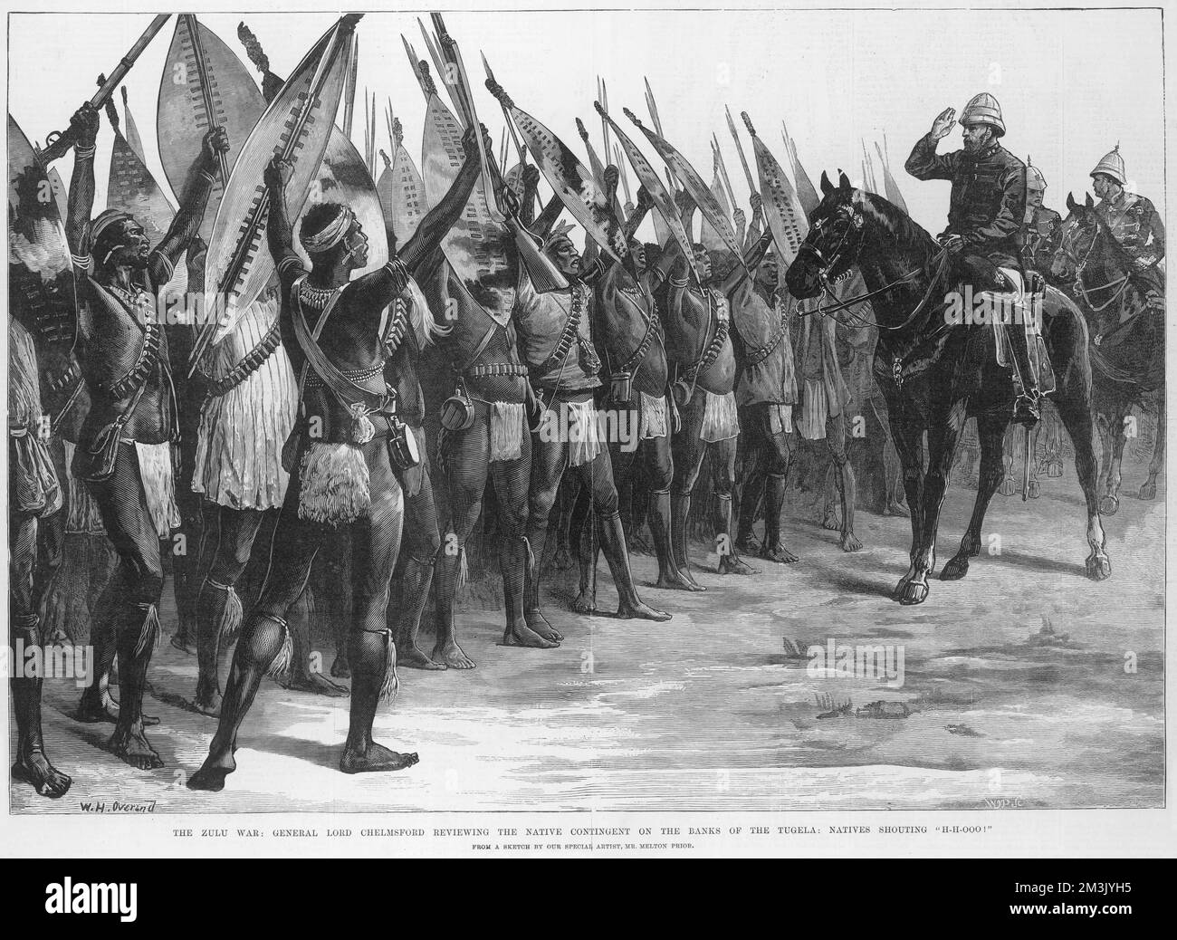 Gravure montrant Lord Chelmsford sur un dos de cheval examinant un groupe de guerriers Zulu, qui travaillaient pour l'armée britannique. Les guerriers Zulu sont armés de fusils ainsi que de leurs boucliers et lances traditionnels. Date: 1879 Banque D'Images