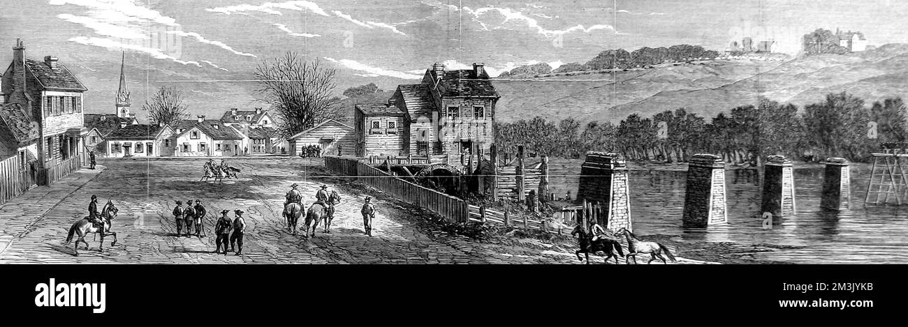 Positions des piquets fédéraux et confédérés sur le Rappahannock, à Fredericksburg, 4 décembre 1862. Plus tard en décembre, Fredericksburg a été le théâtre d'une défaite coûteuse de l'Union à Marye's Heights. Dans ce panorama, les deux armées peuvent être vues, une de chaque côté de la rivière. Date: 1863 Banque D'Images