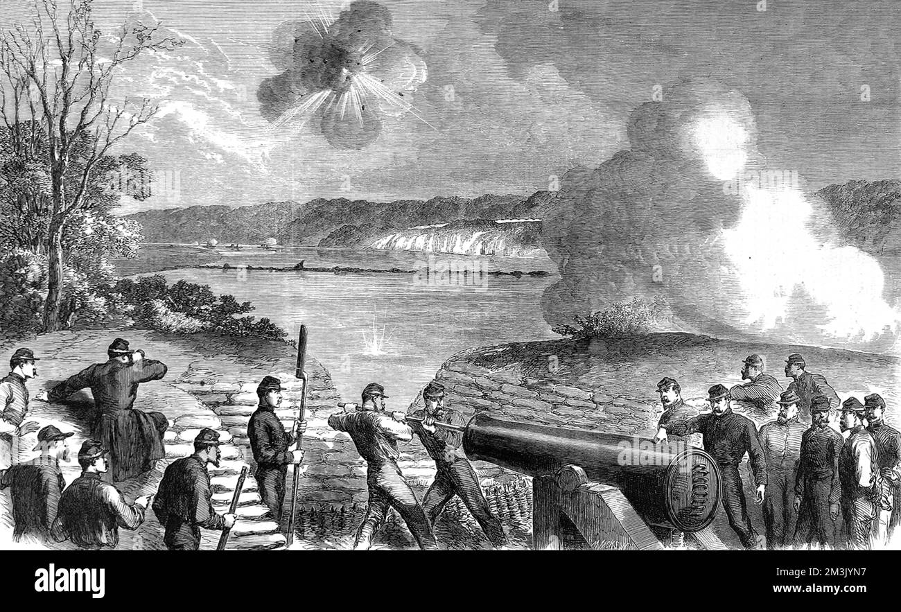 Batterie de Howleltt sur la rivière James, faisant appel aux moniteurs fédéraux. Date: 1864 Banque D'Images