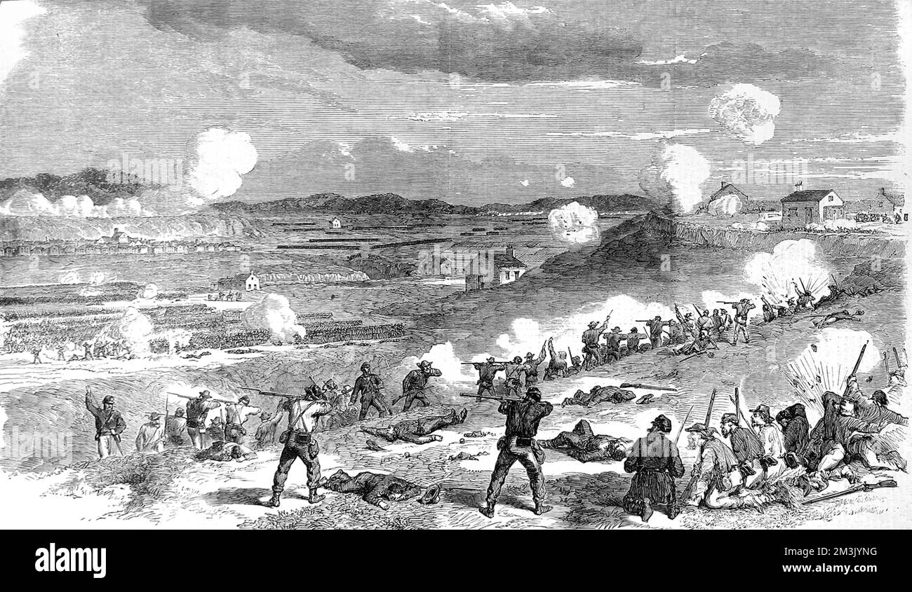Gravure montrant l'assaut de l'armée fédérale sur la colline de Marye et la batterie de l'artillerie de Washington, pendant la bataille de Fredericksburg, le 13th décembre 1862. L'armée unioniste du Potomac, sous la direction du général Burnside, a subi une défaite coûteuse, perdant 12 653 hommes après 14 tentatives pour prendre la colline de Marye. Date: 1863 Banque D'Images