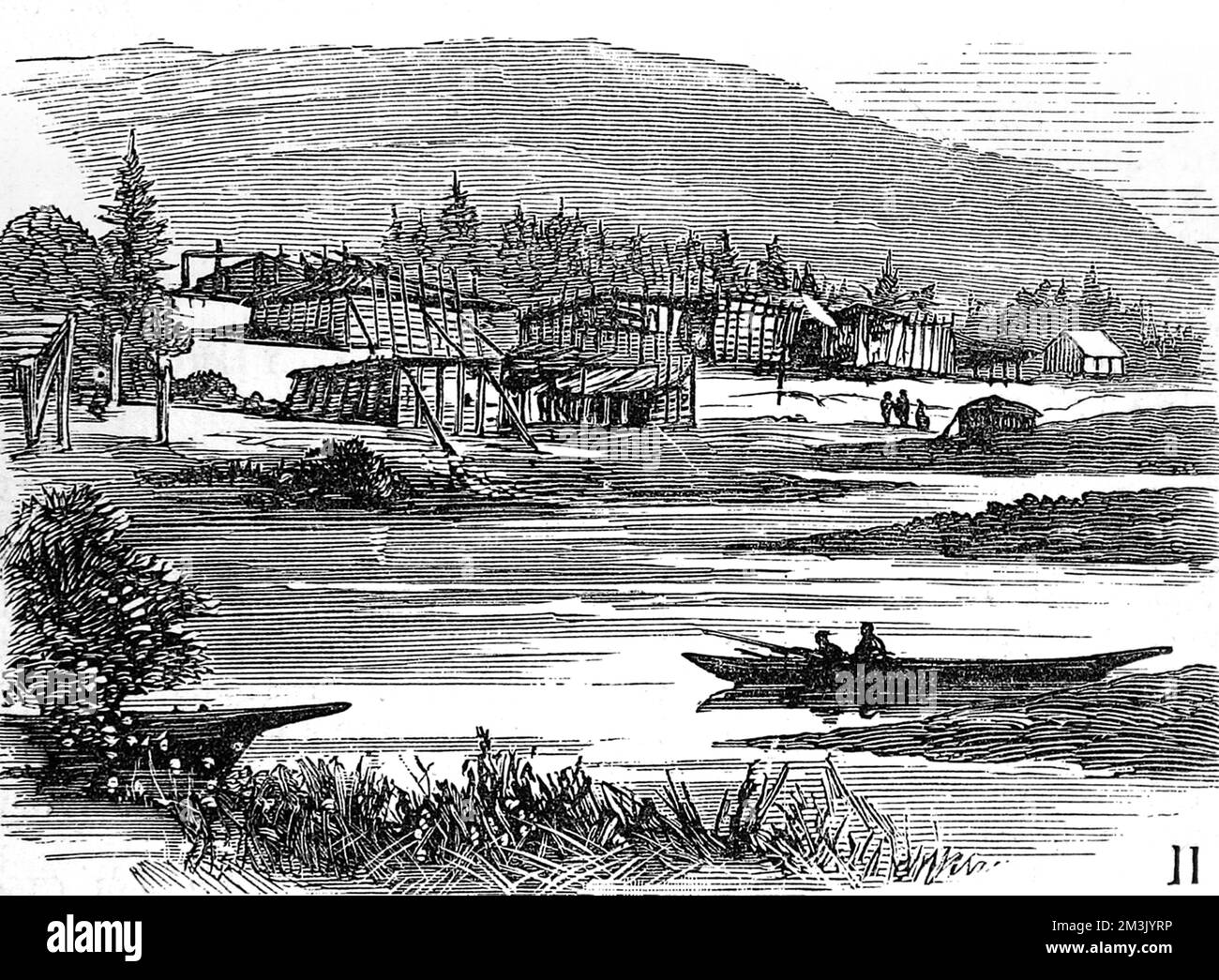 Maisons indiennes indigènes en bois d'un village sur la côte est de la Colombie-Britannique. Au premier plan est l'un de leurs canoës. 1882 Banque D'Images