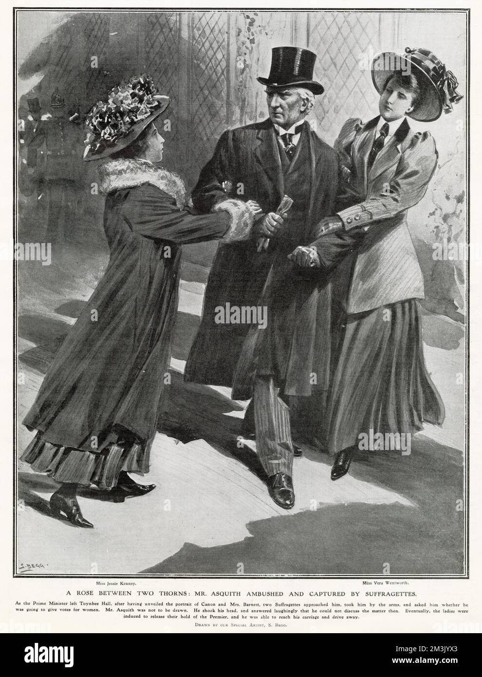 H. H. Asquith, Premier ministre britannique, étant 'embusqué et capturé' par les suffragettes, Mlle Jessie Kenney (à gauche) et Mlle Vera Wentworth (à droite), à gauche de Toynbes Hall. Banque D'Images